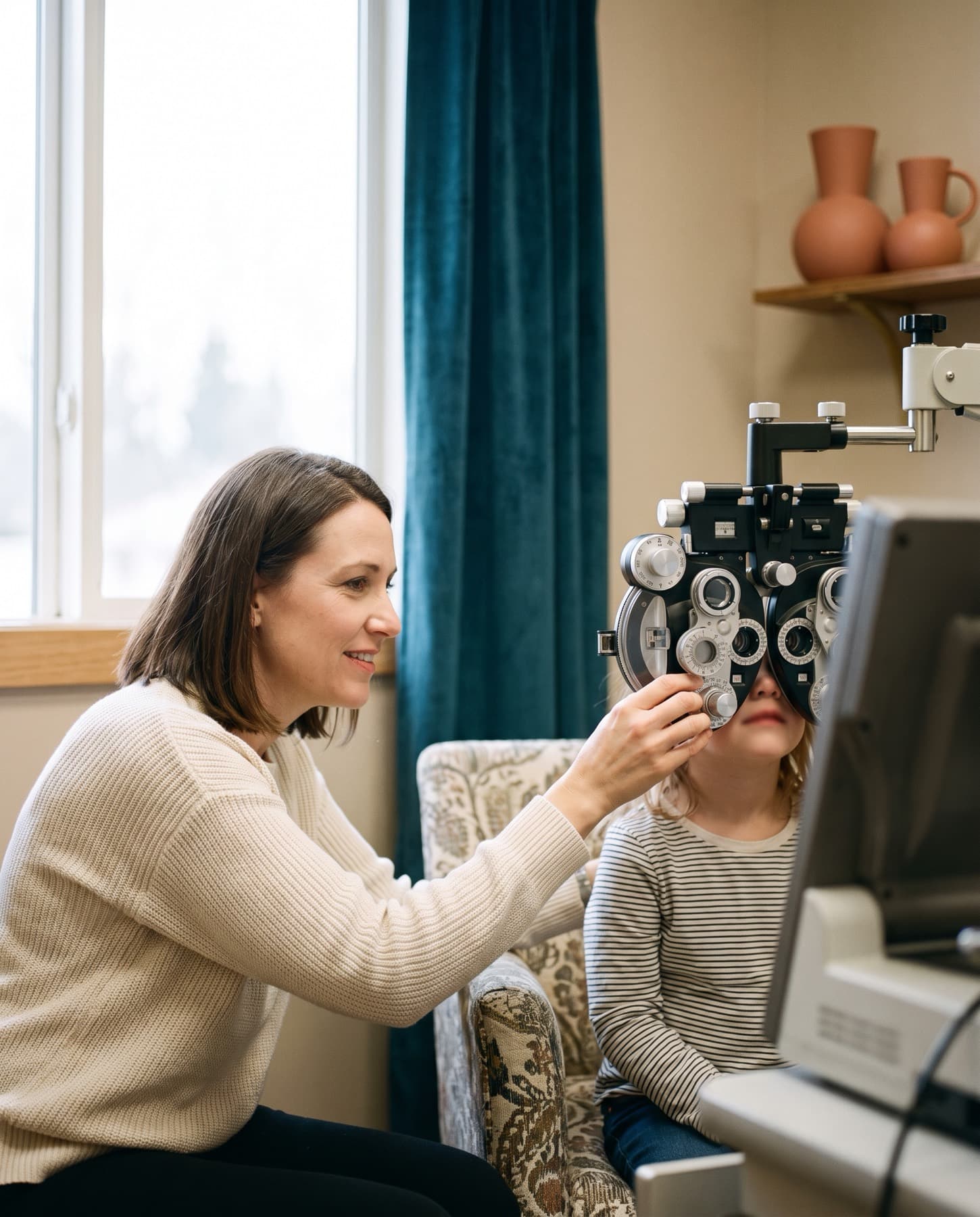 A child engaged in a guided visual activity during a vision therapy session